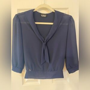EZ Street | Navy Blue Tie and Cinched Waist Blouse, Size S